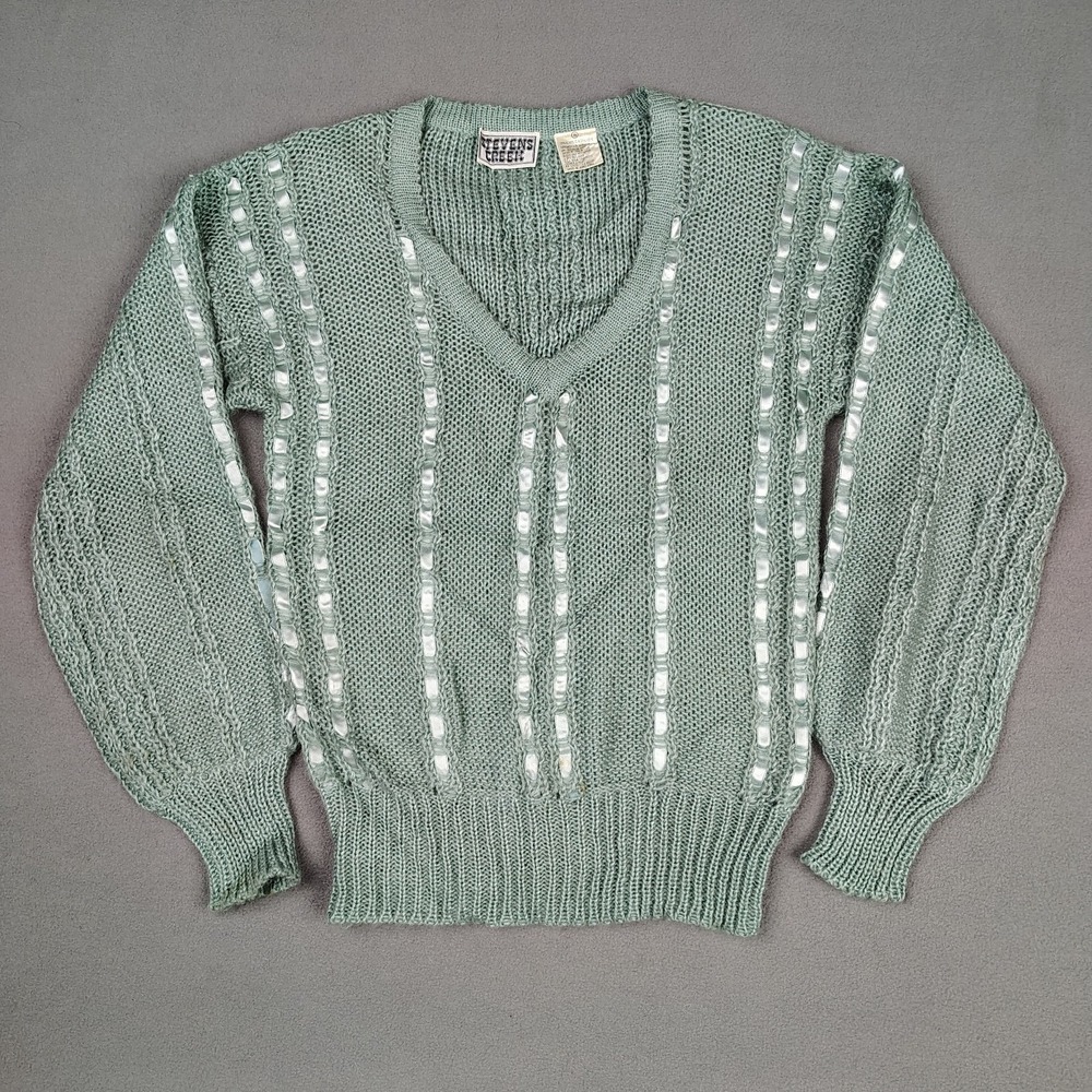 Vintage 70s Acrylic‎ Mohair Open Knit Lace Sweater Women Small Sage Cottagecore